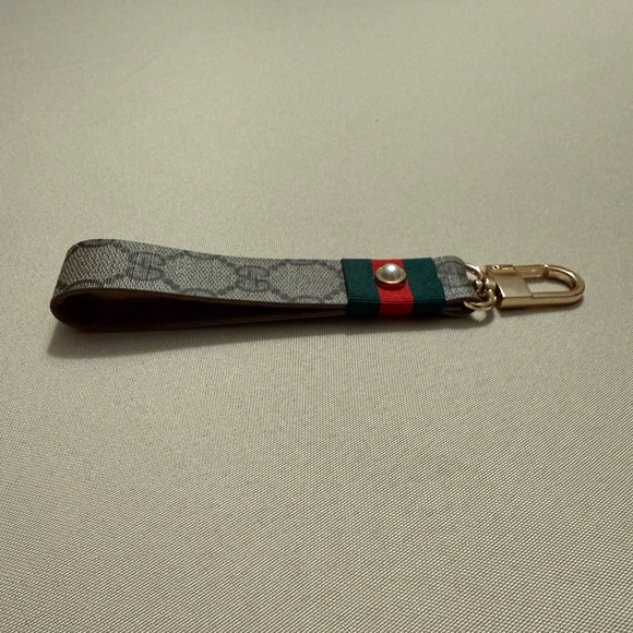 Fashion Tan Monogram Keychain Fob with Green and Red Stripe - Picture 3 of 5